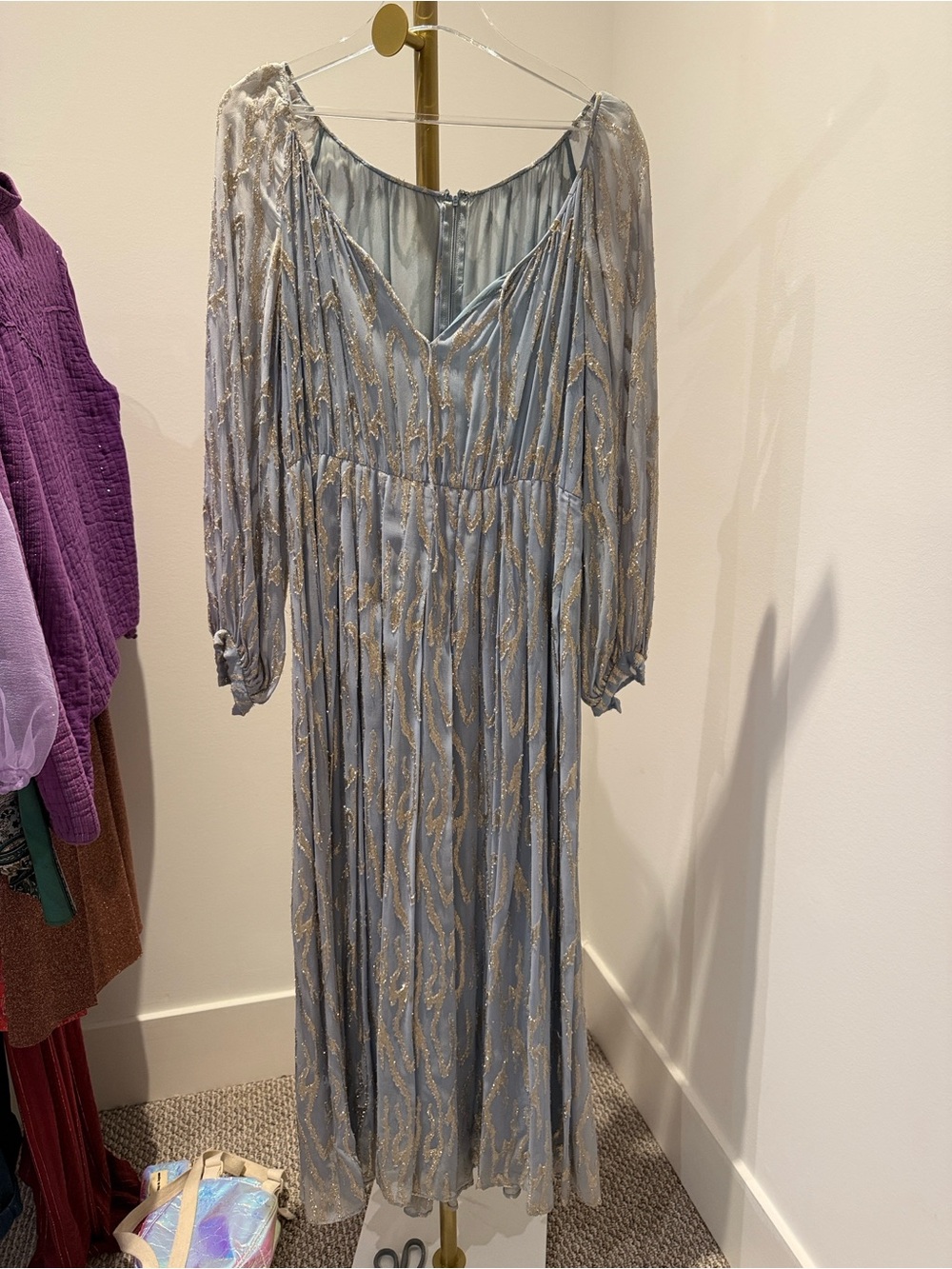 Vintage Light Blue Maxi Dress with Gold Metallic Accents